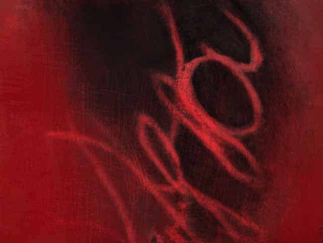Red abstract paintings with scribbles on black Abstract red painting with expressive scribbles on a black background, bold modern wall art.