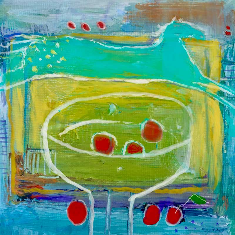 SLPorter-StillLife-Horsejpg Abstract still life featuring a bowl of cherries and a turquoise horse