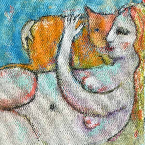 Catnap Abstract painting of a nude woman reclining on her back with vibrant blue, orange, and green tones in a stylized, impressionistic style.
