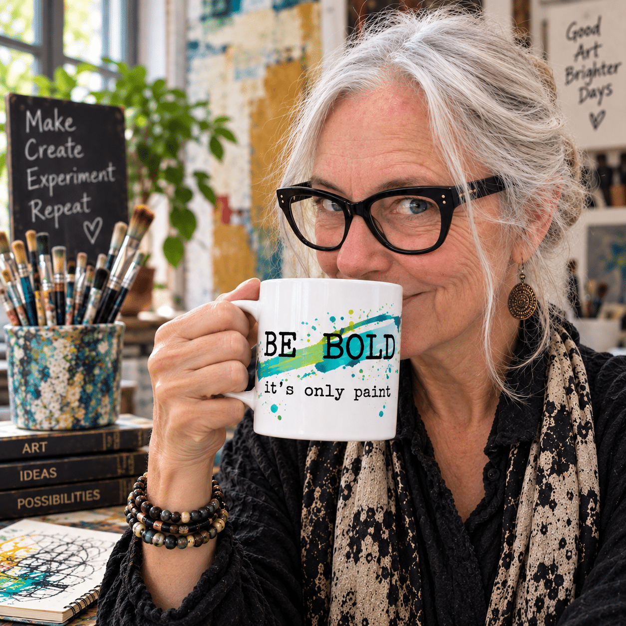 Etsy AI-generated image of Susan holding a Be Bold, It’s Only Paint mug in an art studio.